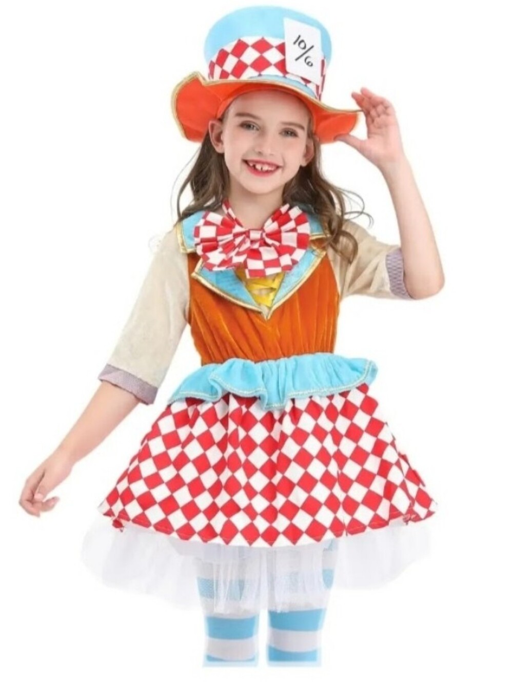 Girls Halloween Mad Hatter Deluxe Costume 6pc Set Dress Hat Socks Girls L 10-12
